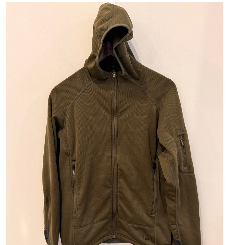 REI Polartec Wind Pro Fleece Jacket Mens M Hooded Full Zip Olive Green